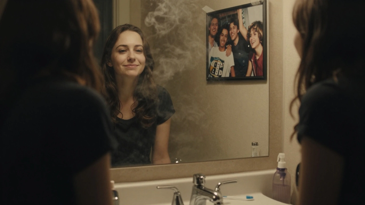 Someone looking at their reflection in a bathroom mirror, smiling but eyes empty.