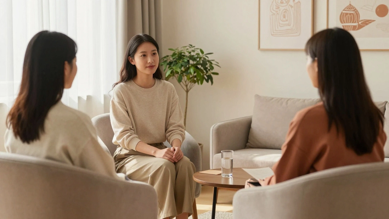 Two people sitting in armchairs talking in a warm therapy room.