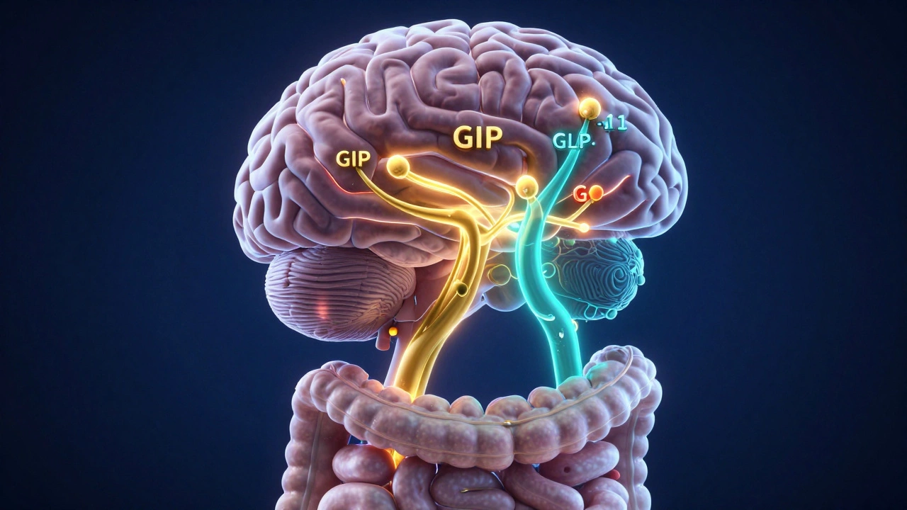 3D medical visualization of GIP and GLP-1 hormones activating receptors in the body.