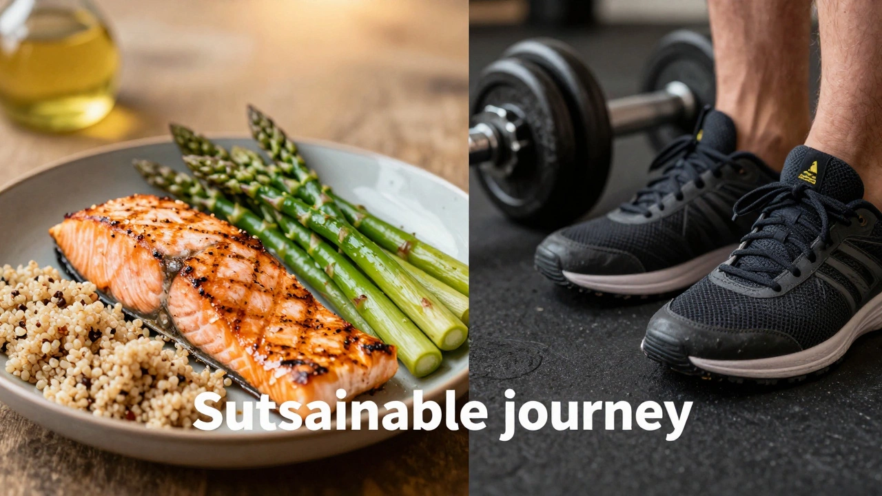 A combination of a high-protein meal and gym equipment symbolizing a healthy lifestyle.