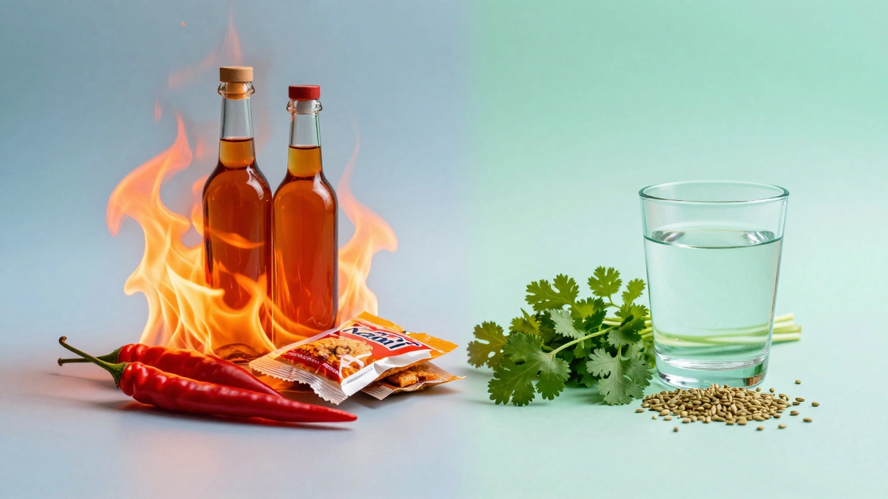 A contrast between inflammatory spicy foods in red tones and cooling herbs in blue tones.