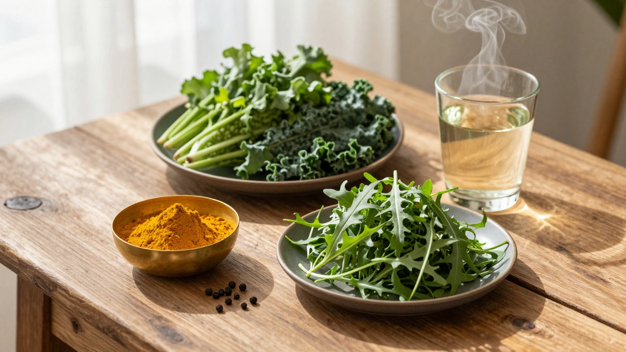 A wooden table with turmeric, black pepper, bitter greens, and warm water in soft sunlight.