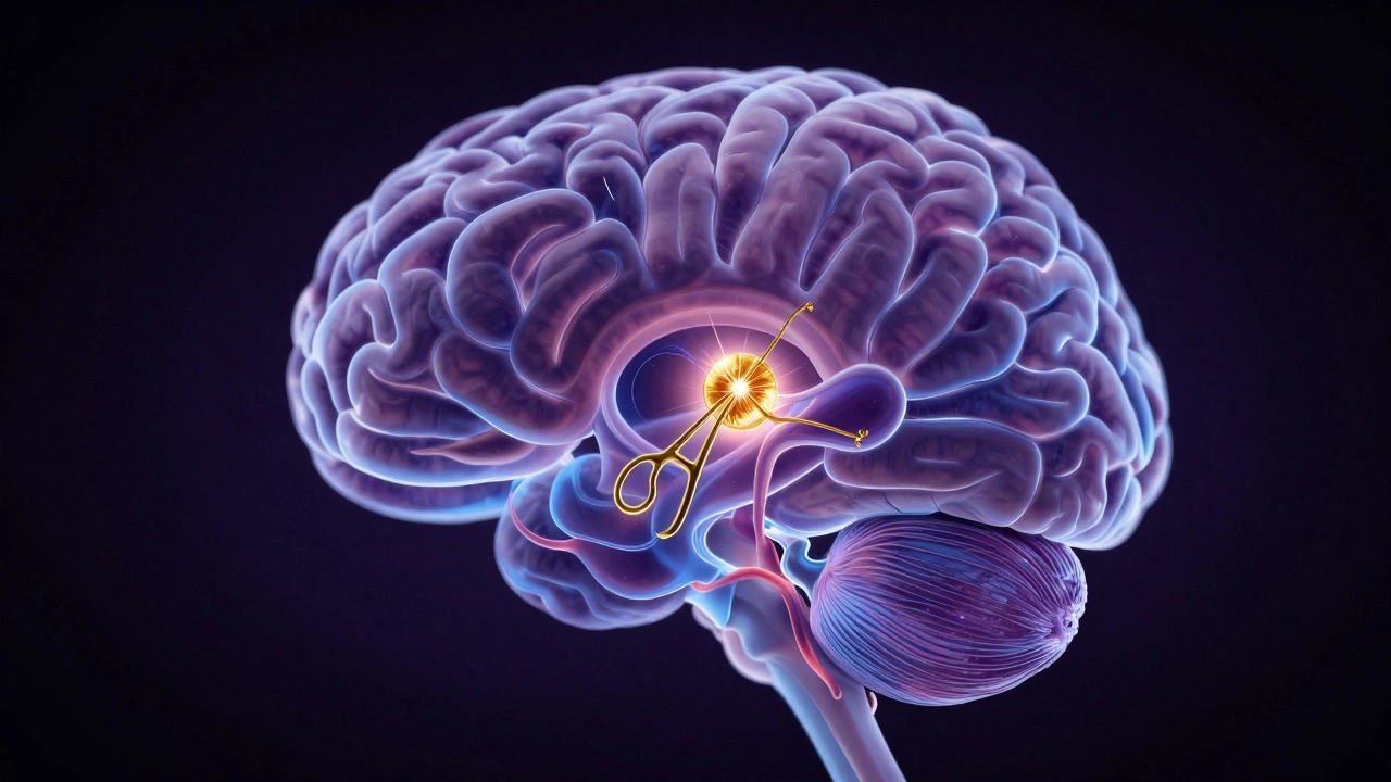Artistic representation of a surgical clip being placed on a cerebral aneurysm in a glowing brain.