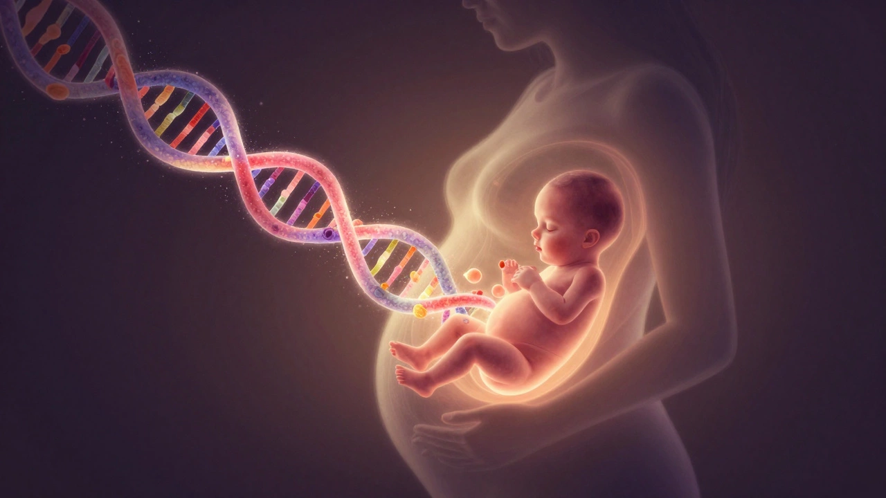Artistic representation of epigenetic signals influencing a fetus in the womb.