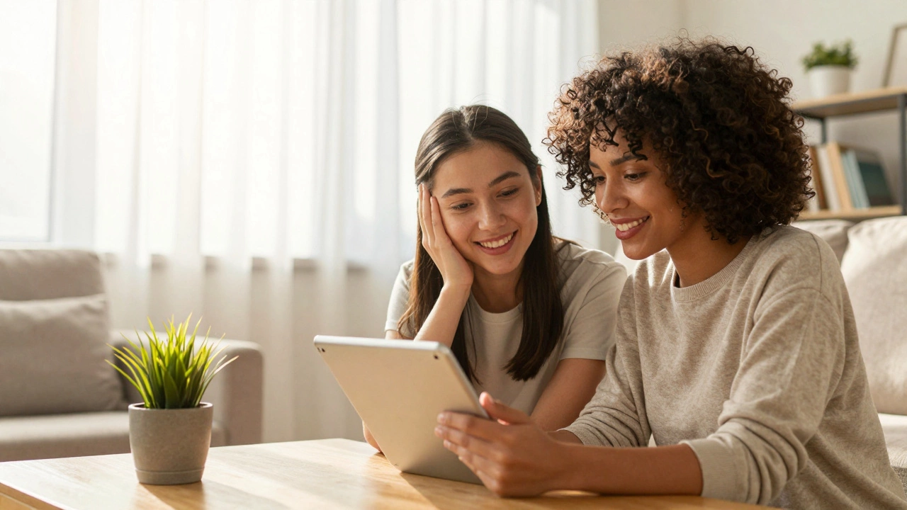 Couple looking at a tablet with hope in a sunlit room.