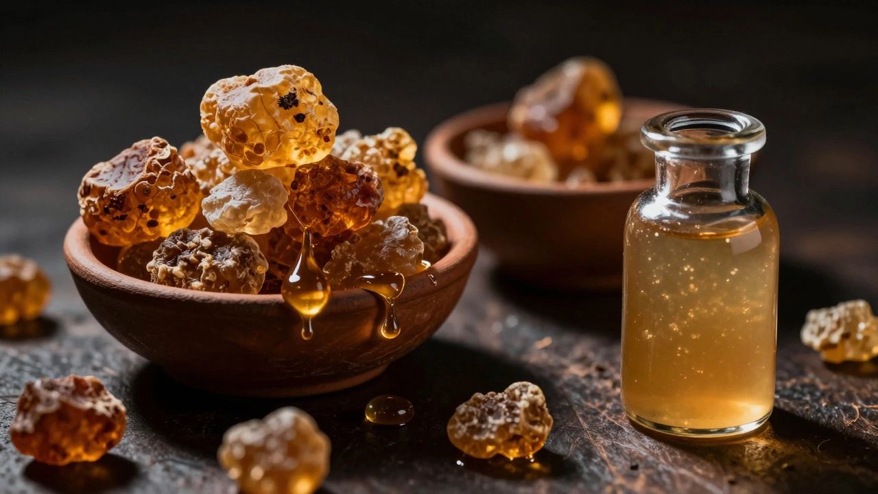 Frankincense and myrrh resin tears in clay bowls with a medicinal salve
