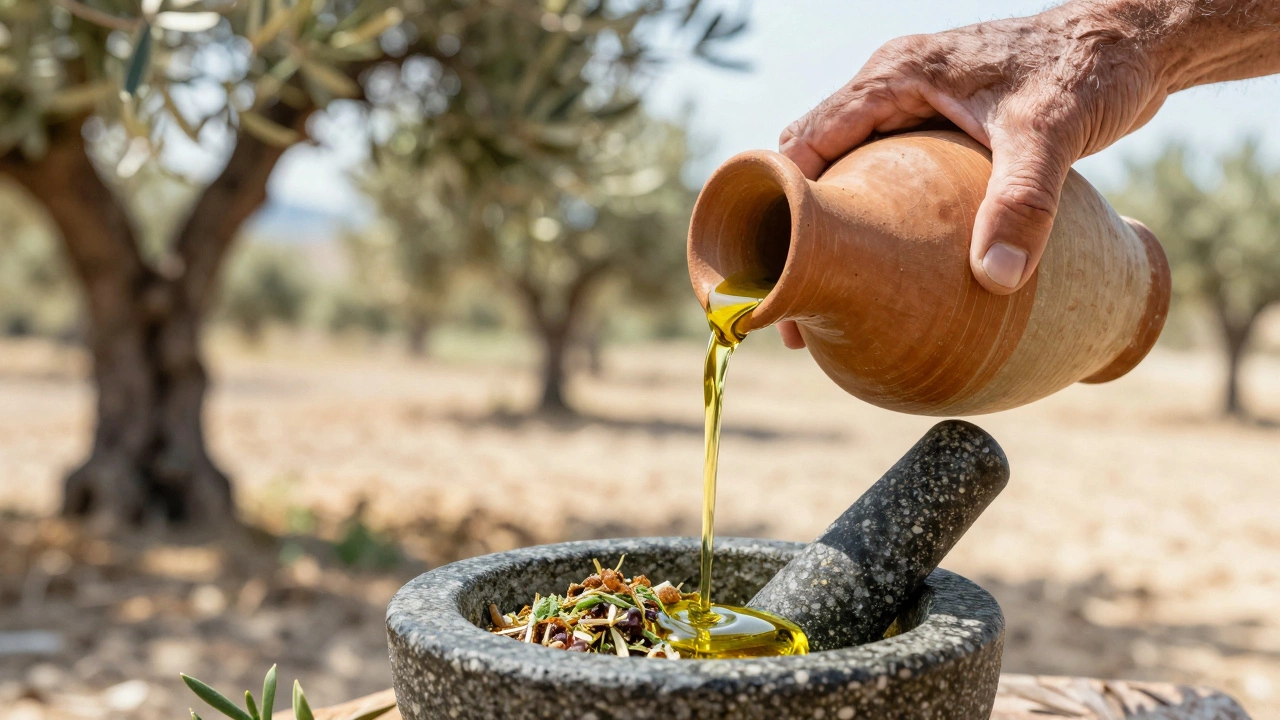 Hands pouring olive oil into a stone mortar with crushed herbs and resins
