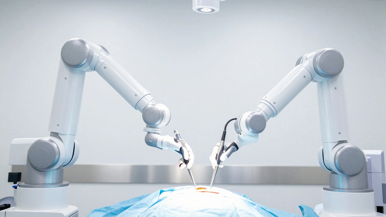 Precision robotic surgical arms performing a minimally invasive procedure in a modern hospital.