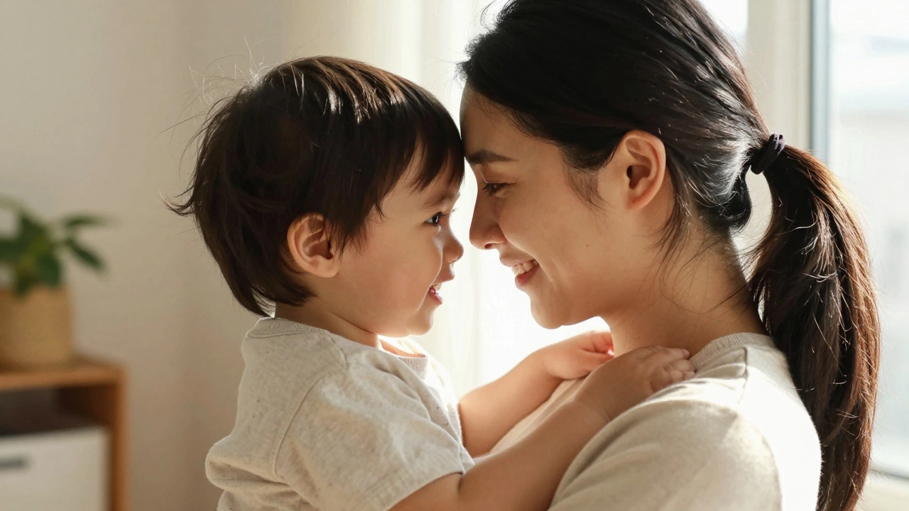 Tender portrait of a mother and child showing shared physical traits.
