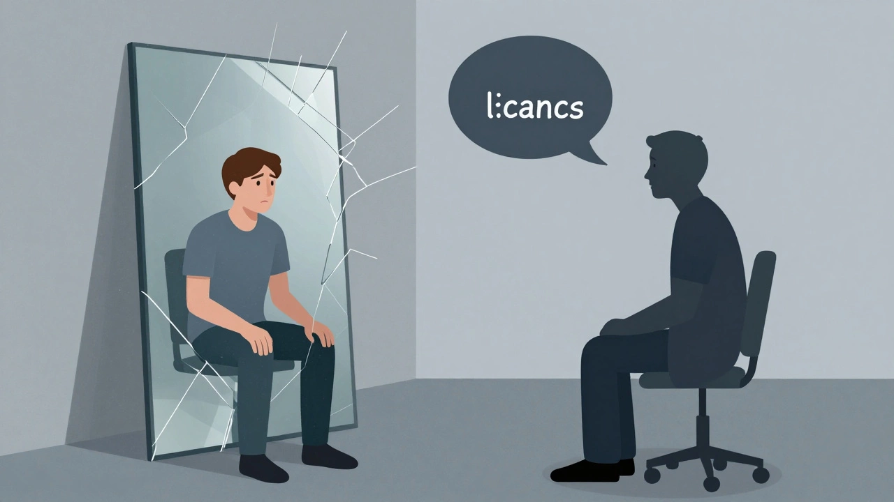 Abstract illustration of a person isolated from a shadowy therapist across a broken mirror.