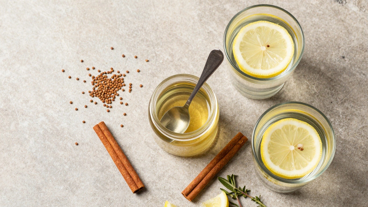 Apple cider vinegar, cinnamon, and fenugreek seeds arranged on stone