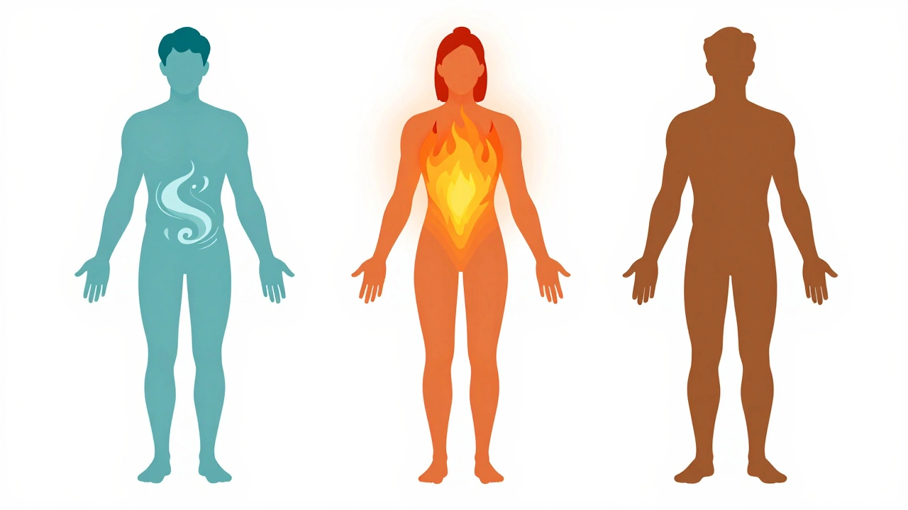 Illustration of three body types representing Vata, Pitta, and Kapha doshas.