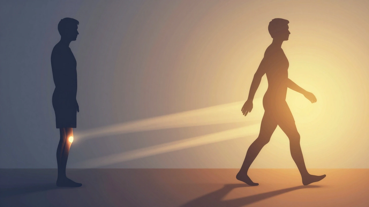 Illustration showing transition from stiff posture to free walking movement.