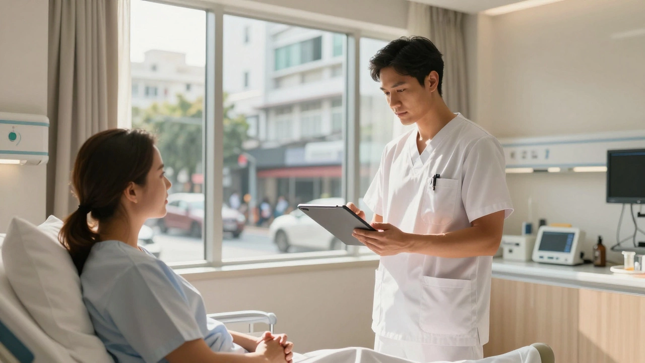 Modern private hospital room in Asia with doctor and patient consulting