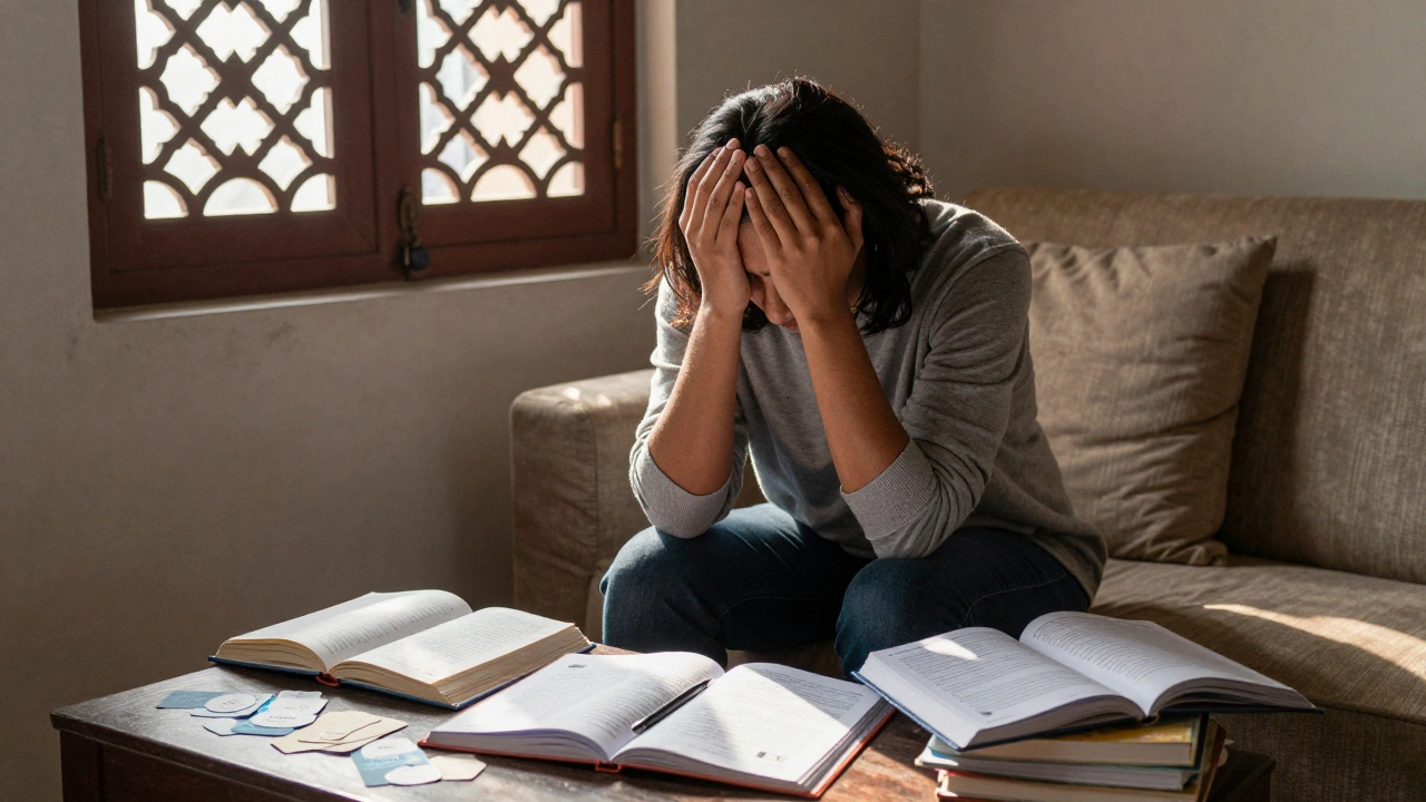 Person overwhelmed by journals and self-care tasks in a sunlit Indian living room.