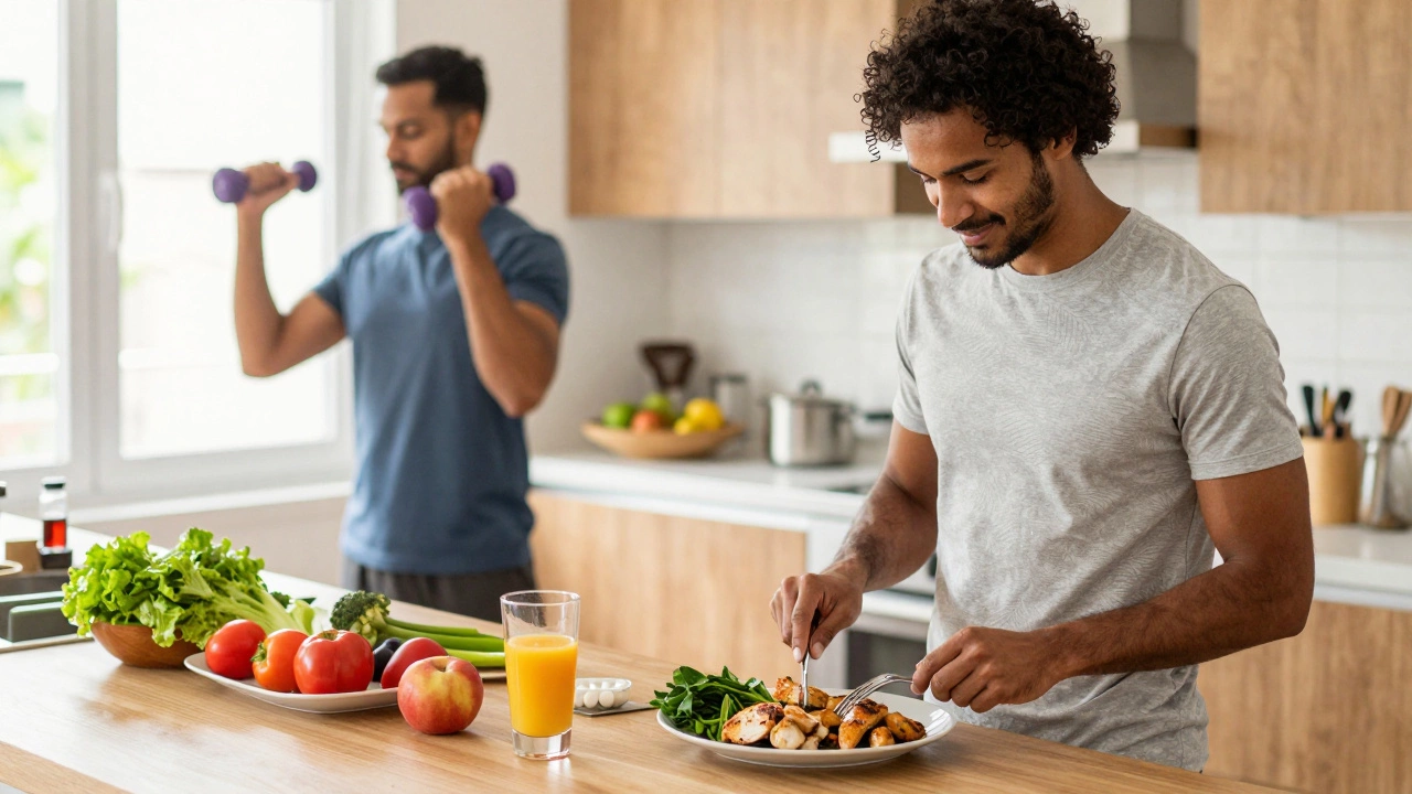 Person preparing healthy protein-rich meal and exercising in a bright modern kitchen