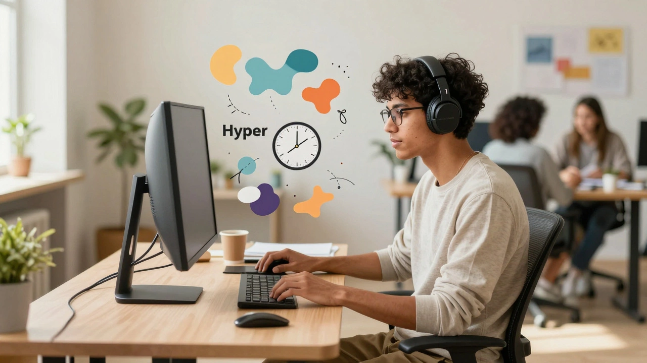 Person using accommodations like headphones and timer to hyperfocus