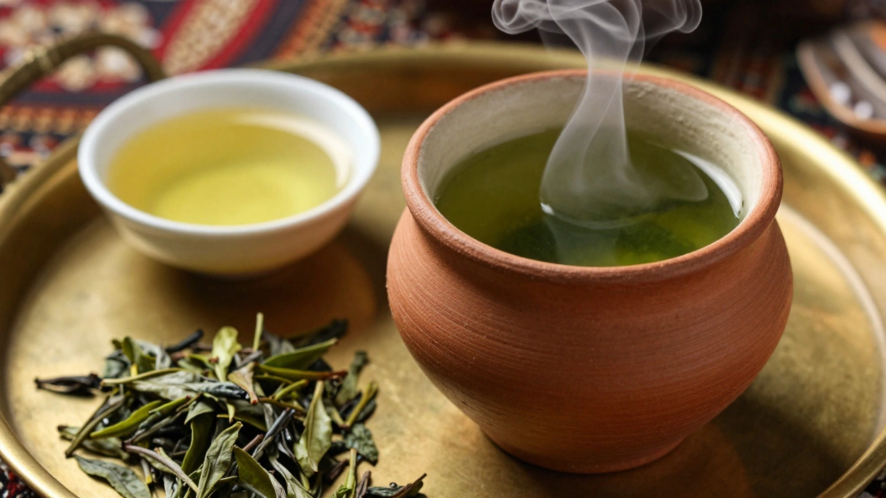 Steaming green tea in a traditional clay cup with loose leaves nearby