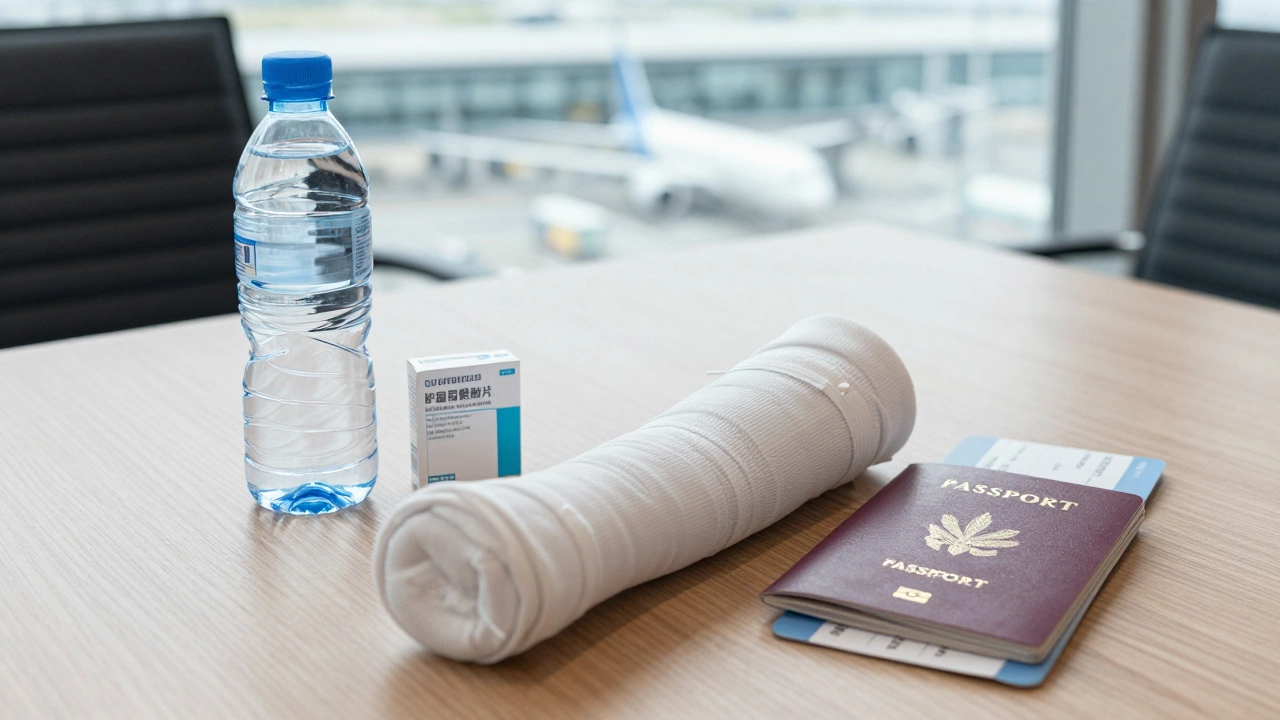 Traveler's health kit with water, meds, and passport on a table