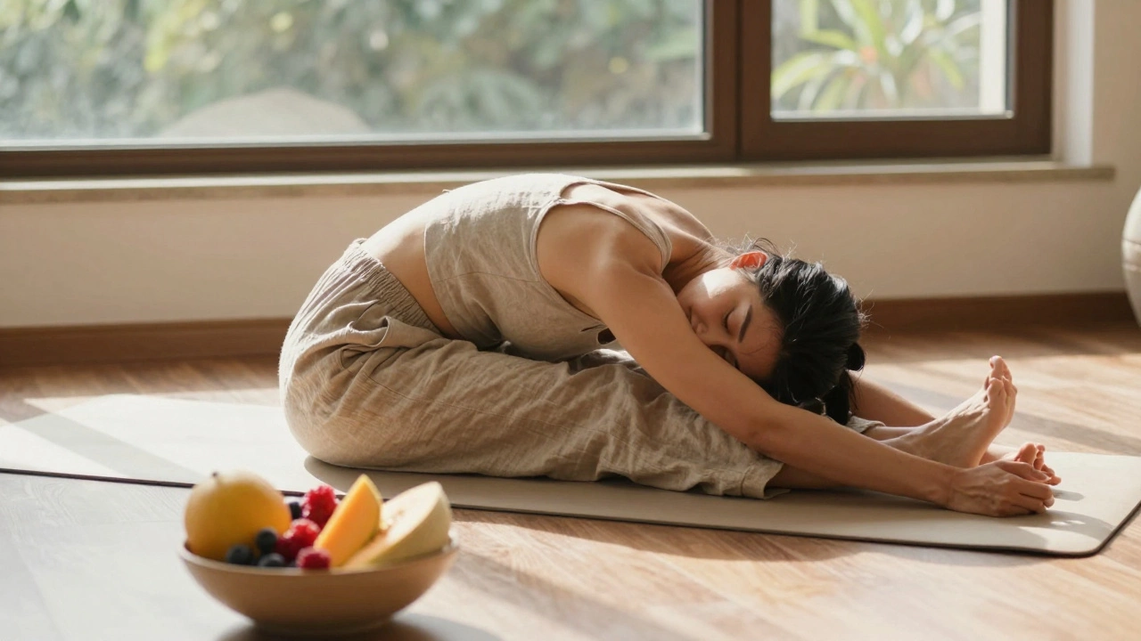Woman doing a yoga twist pose in a sunlit room with healthy food nearby.