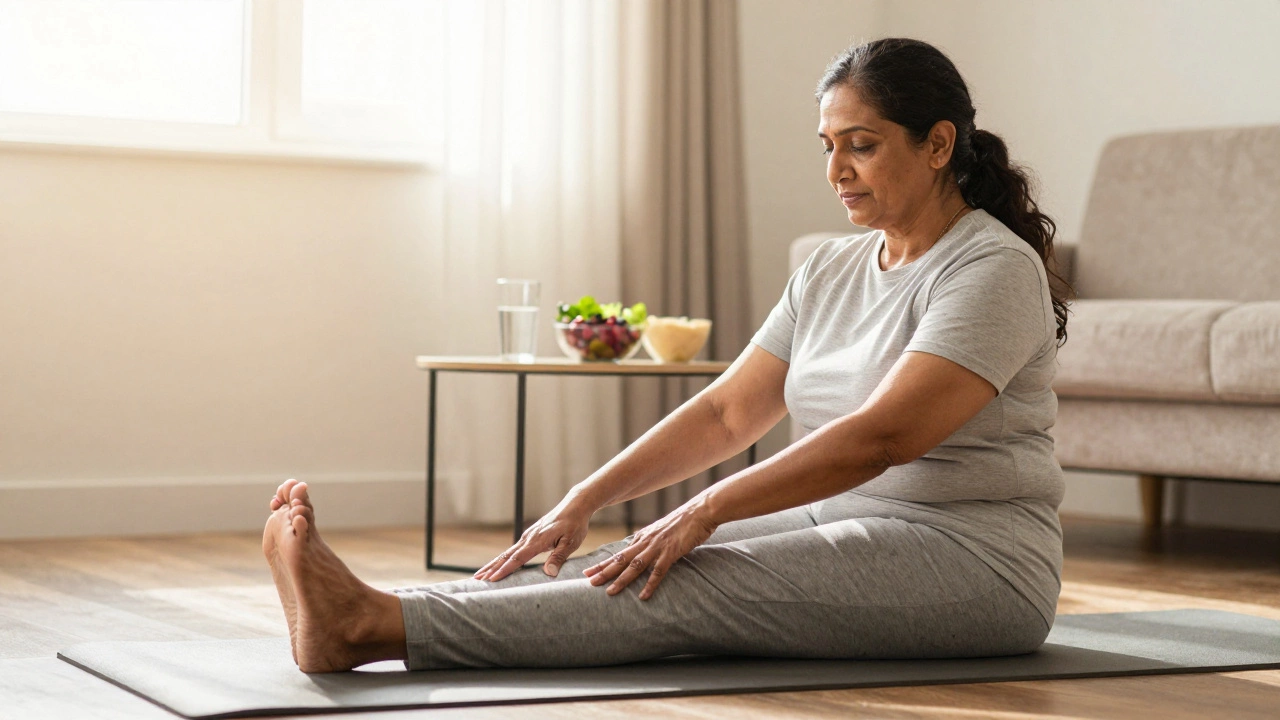 Woman doing gentle knee exercises at home with healthy snacks nearby.