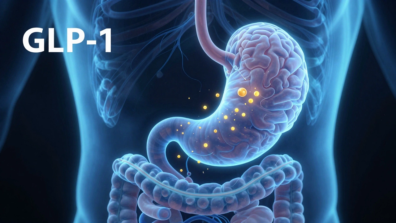 3D illustration of drug particles traveling from stomach to brain to suppress appetite