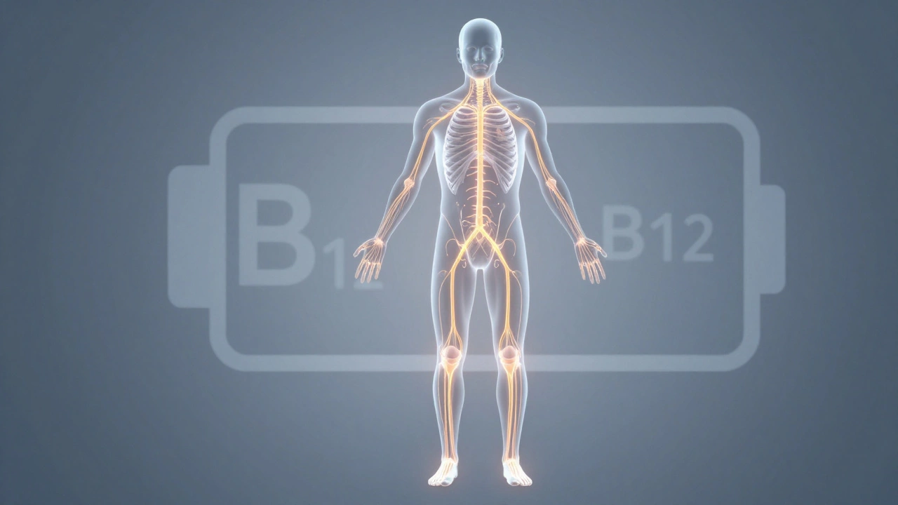 Abstract art showing fading nerves and low battery, symbolizing B12 deficiency and fatigue.