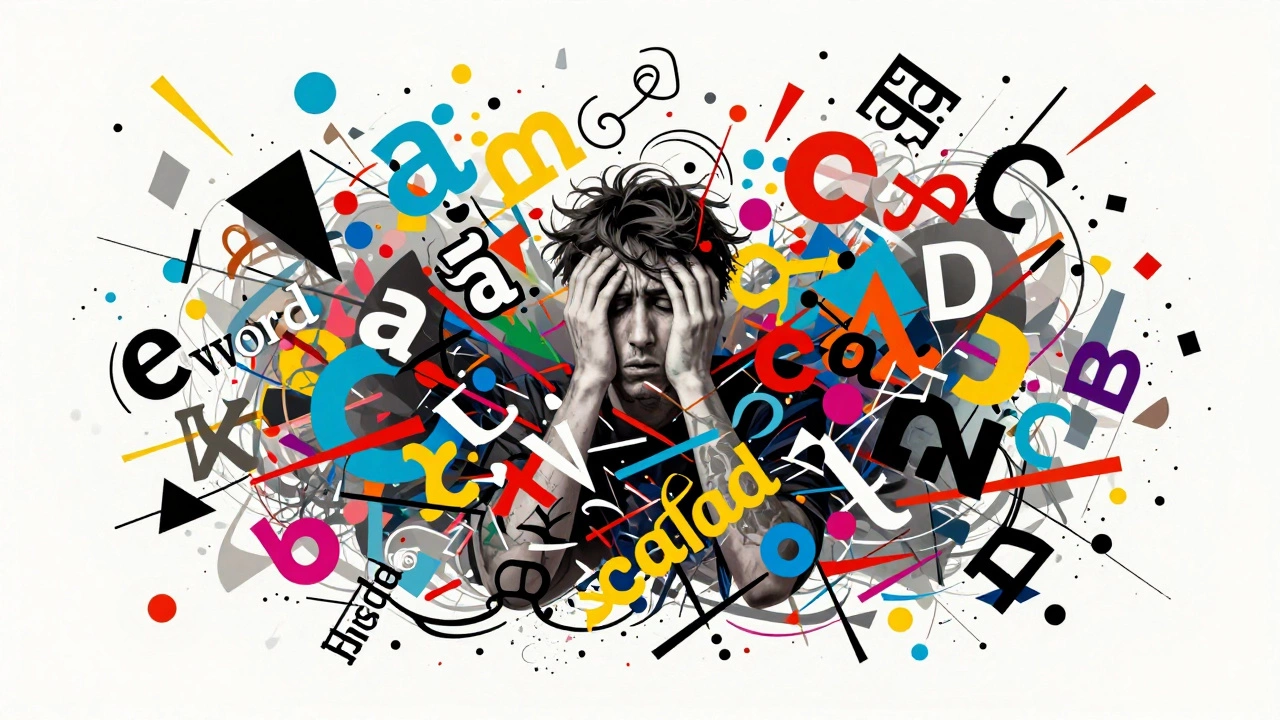 Chaotic abstract art symbolizing disorganized thinking and fragmented speech.