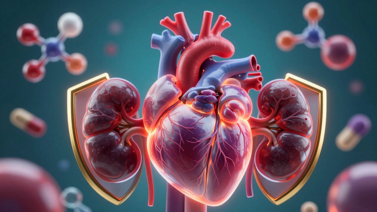 Glowing heart and kidneys protected by molecular shields representing new drugs
