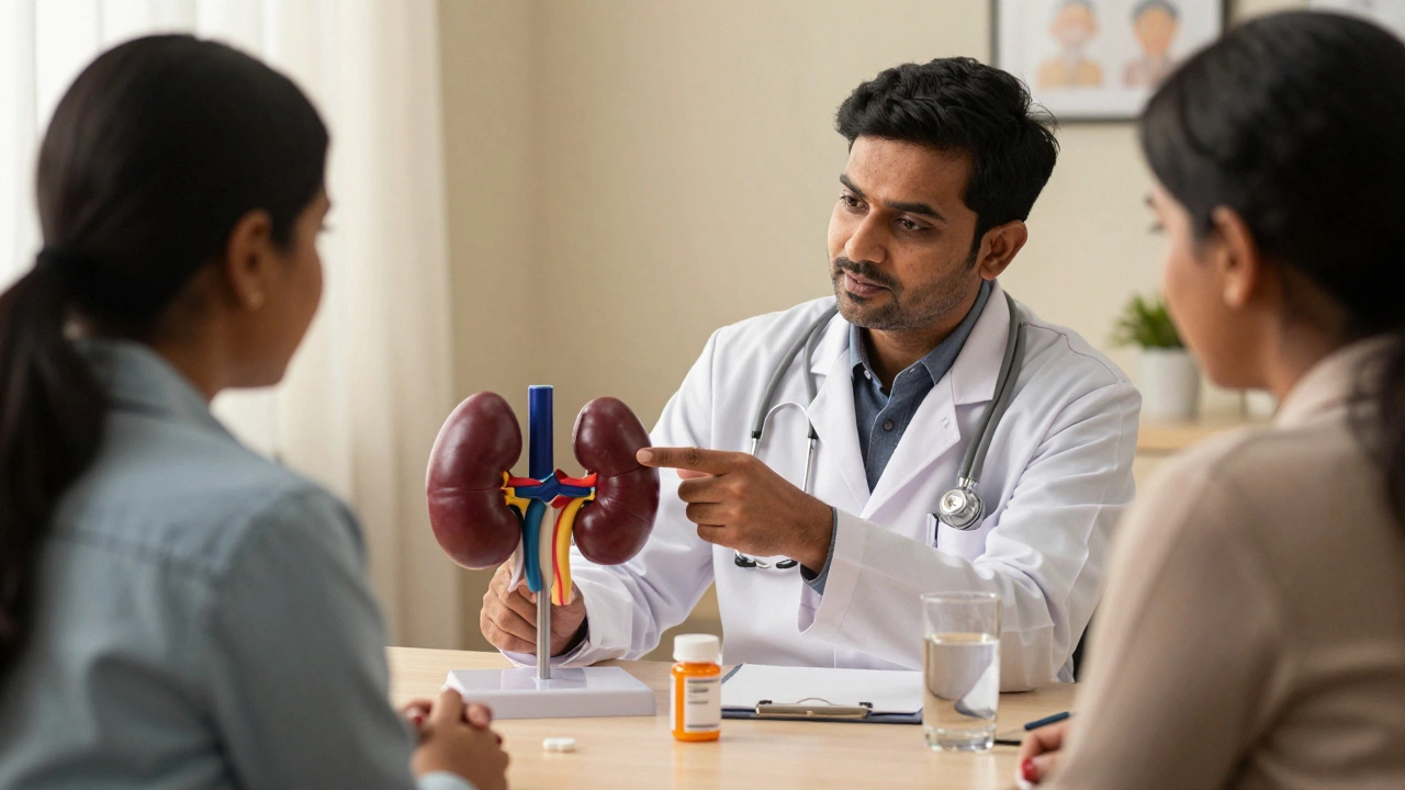 Indian doctor explaining kidney health risks to a patient using an anatomical model.