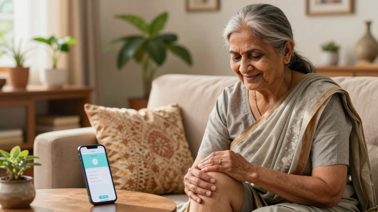 Indian woman with relieved expression holding her knee