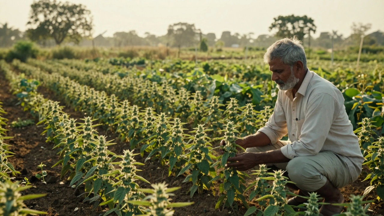 Organic farm with medicinal plants under golden sunlight