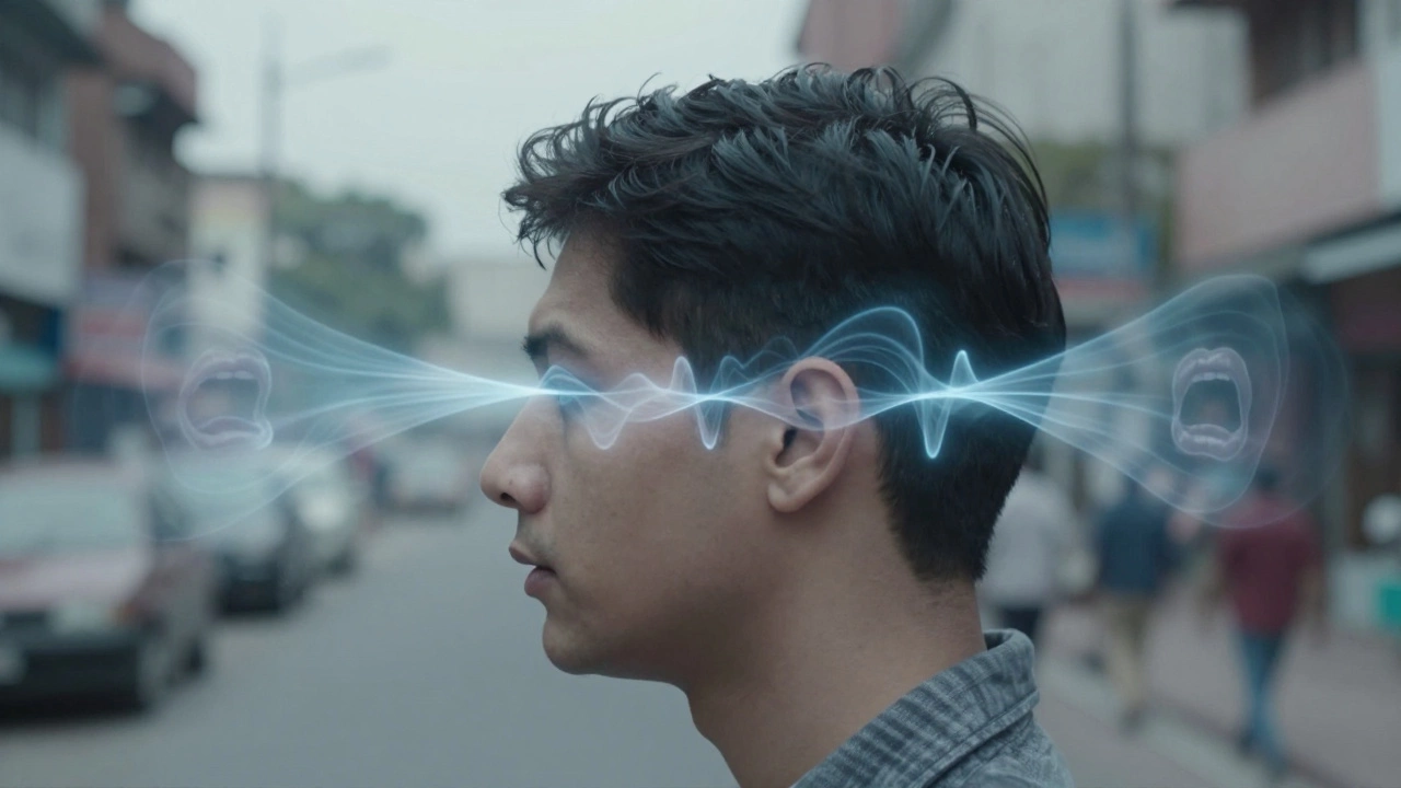 Person hearing voices represented by ethereal sound waves, showing hallucinations.