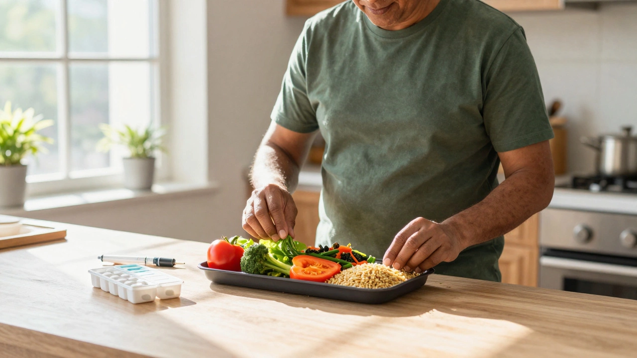 Person preparing healthy food with mixed diabetes medication on the counter