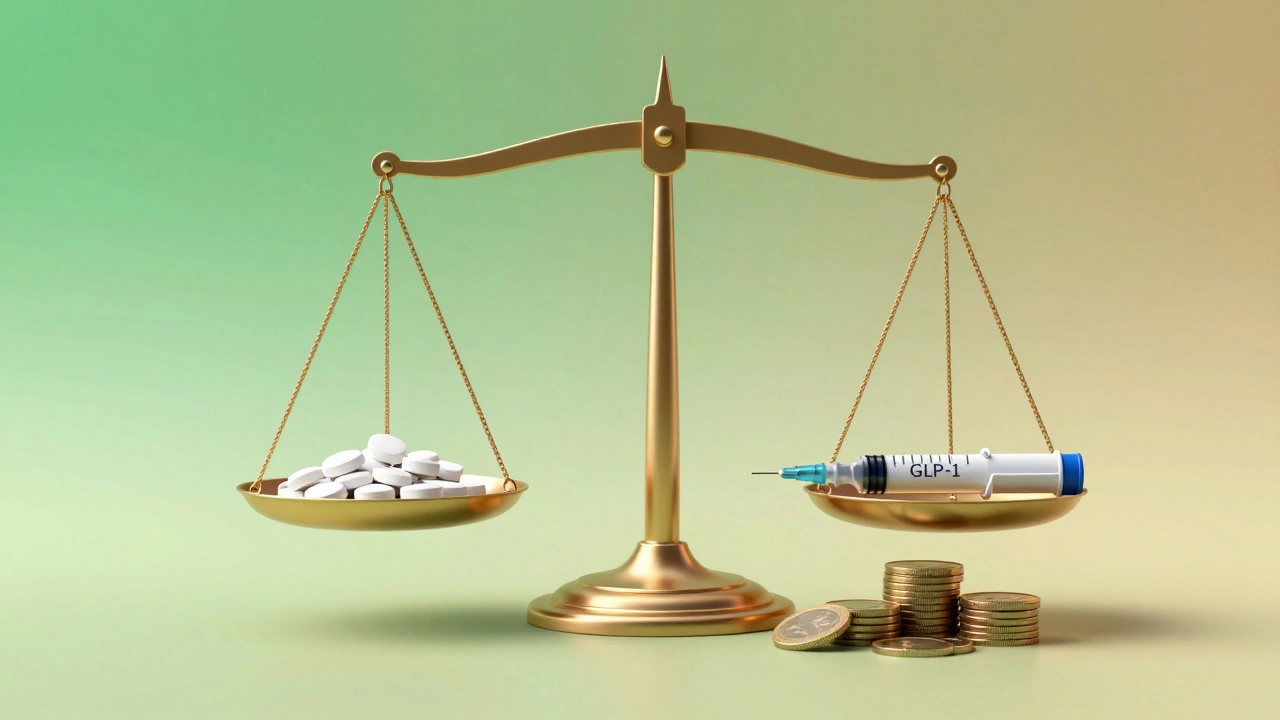 Scale balancing cheap pills against expensive injections and coins