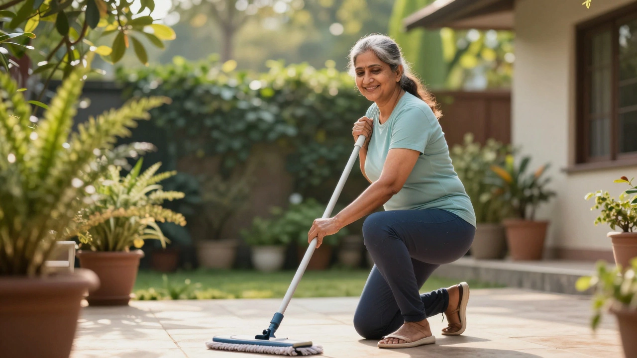 Senior Indian woman using a long-handled mop in a garden to avoid kneeling after knee surgery.