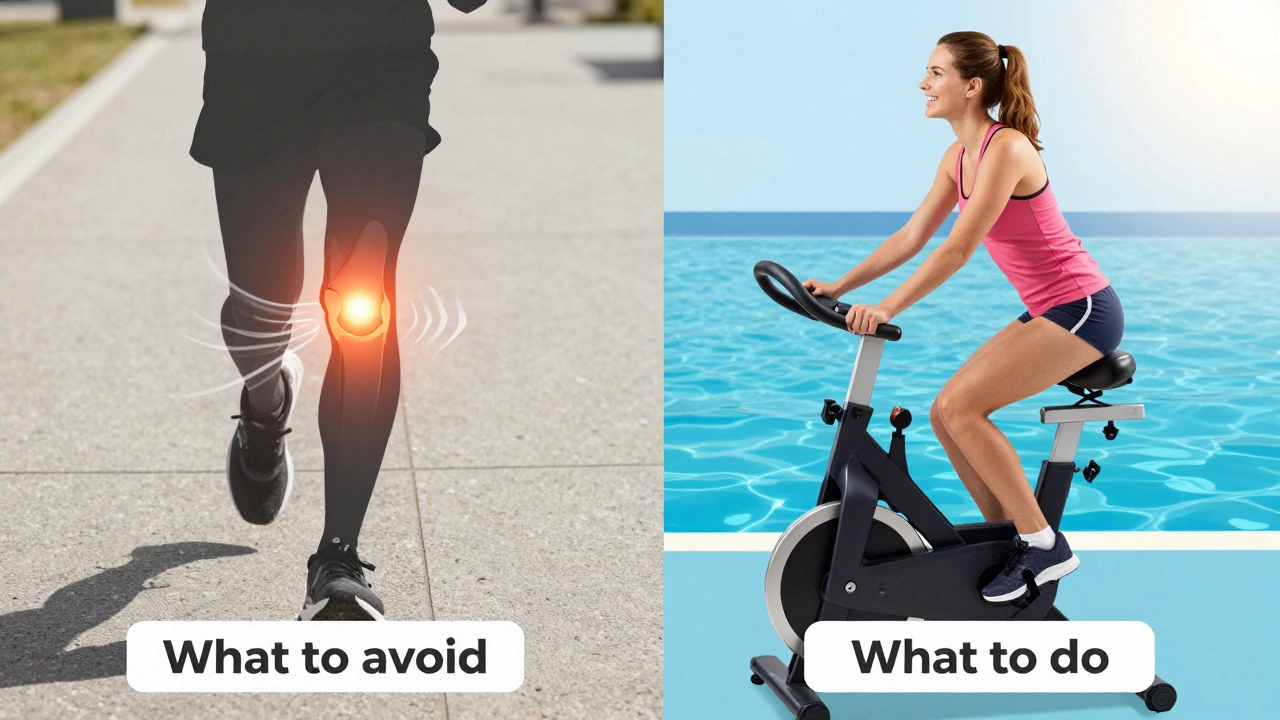 Split image contrasting running on hard surfaces with safe low-impact exercises like cycling and swimming.
