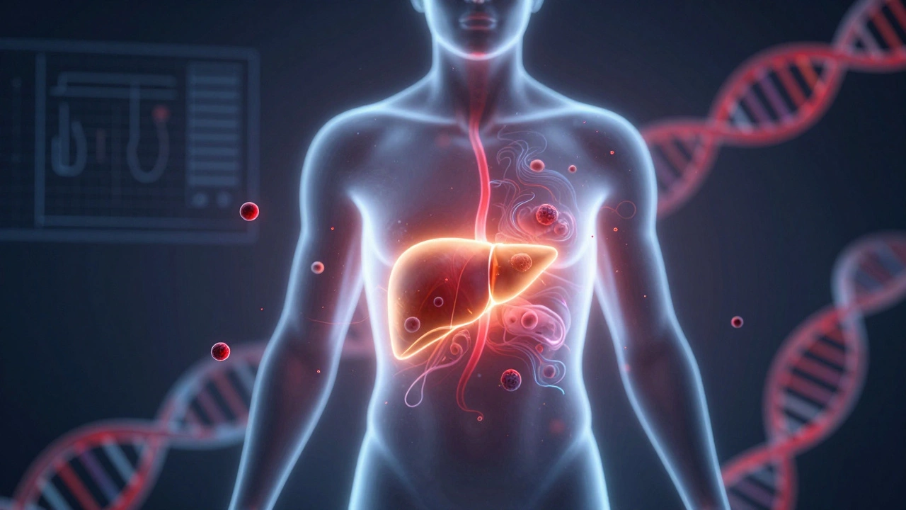 Abstract visualization of liver transplant and immune system response