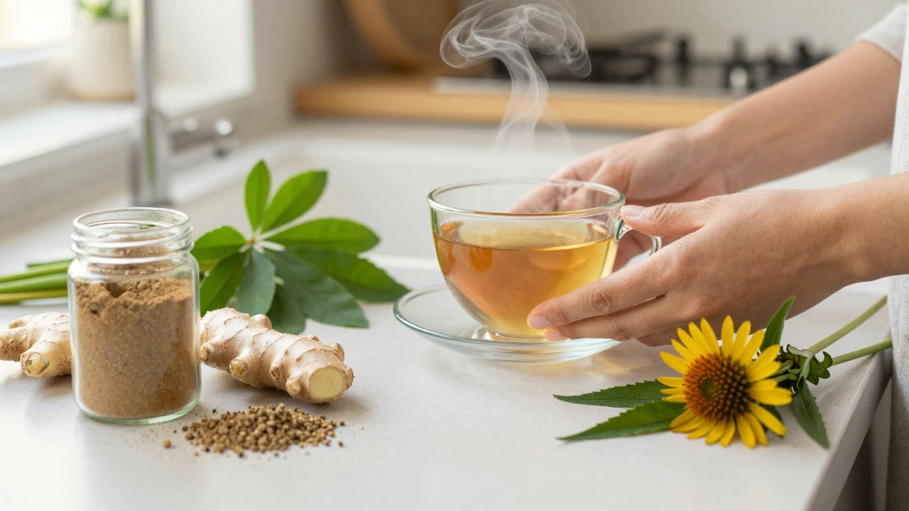 Assorted healing herbs like ashwagandha and ginger arranged on a kitchen counter