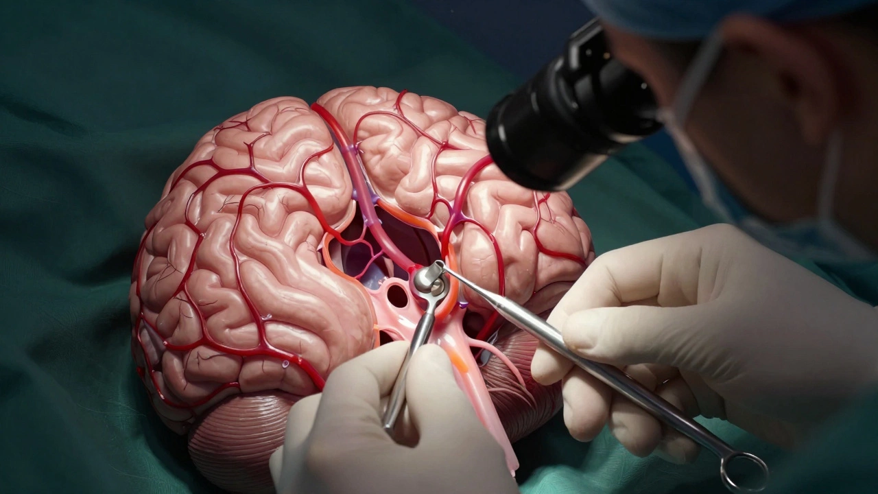 Close-up of neurosurgeon clipping a brain aneurysm under microscope