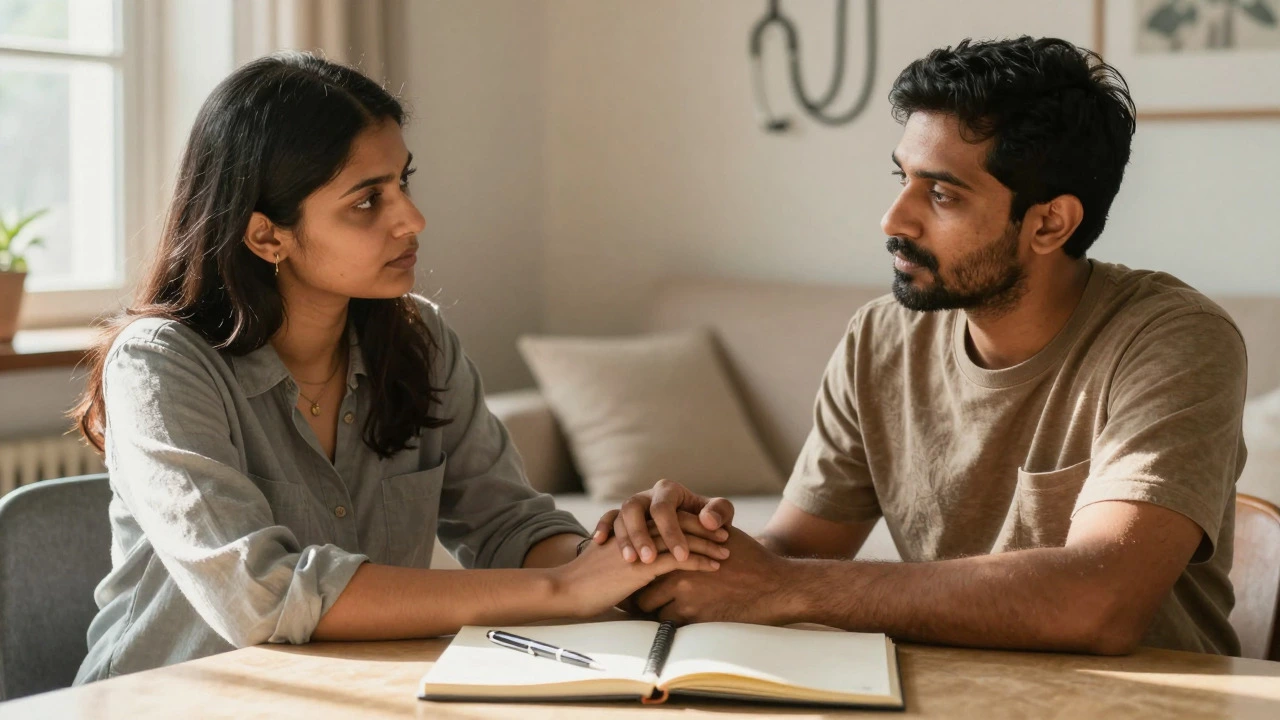 Couple holding hands calmly with a notebook, symbolizing support and informed family planning