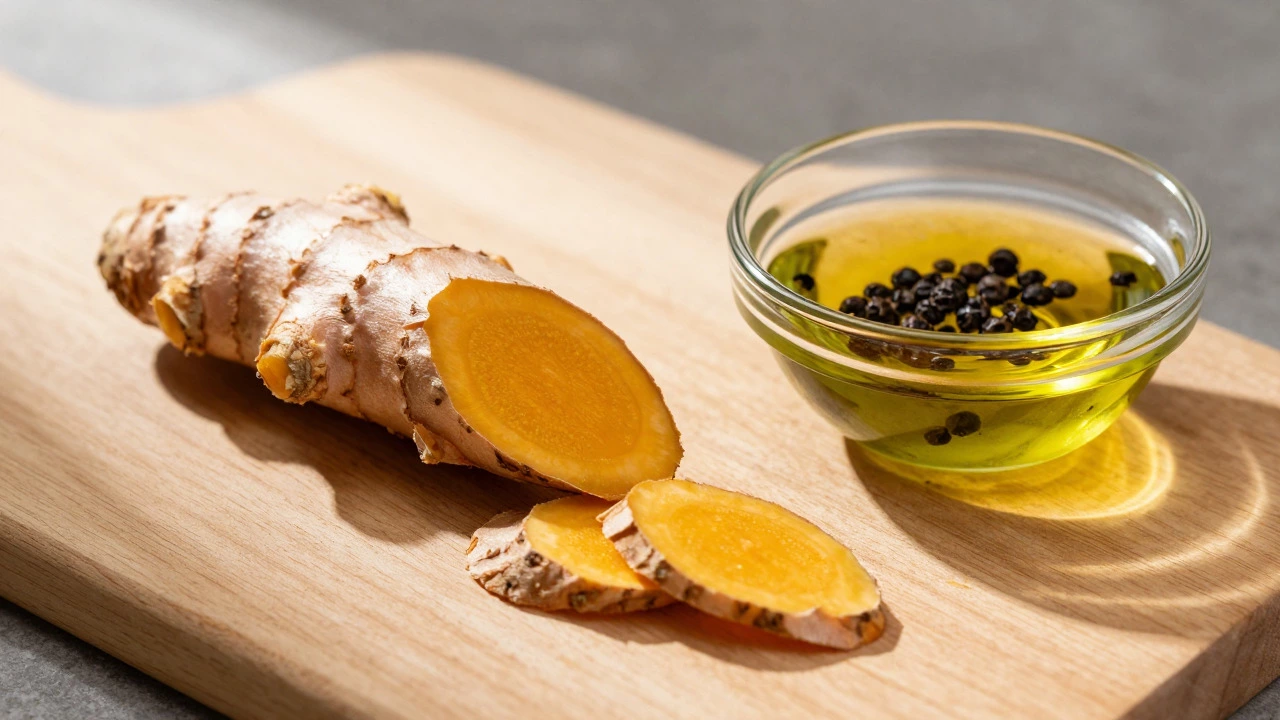 Fresh turmeric root sliced next to black pepper and olive oil on wooden board