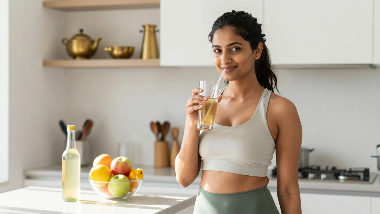 Indian woman drinking ACV in a sunny kitchen with healthy food