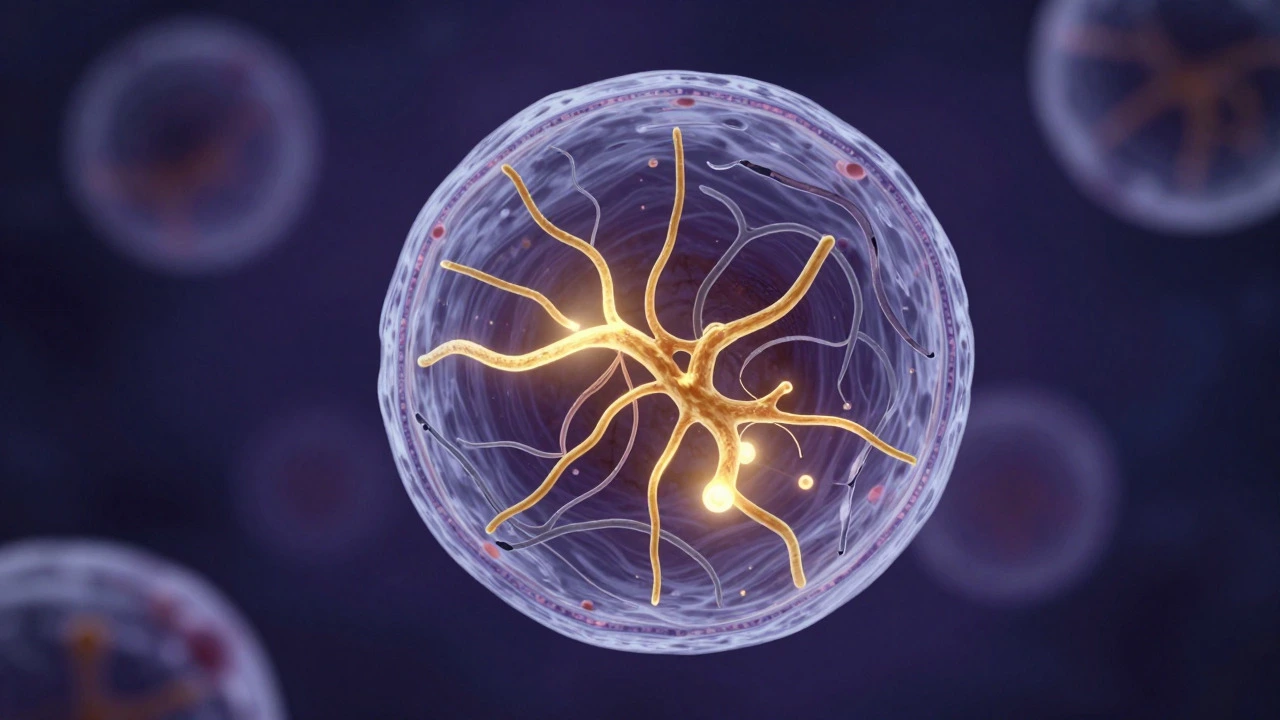 Macro view of an egg cell showing healthy and damaged mitochondria, representing egg quality