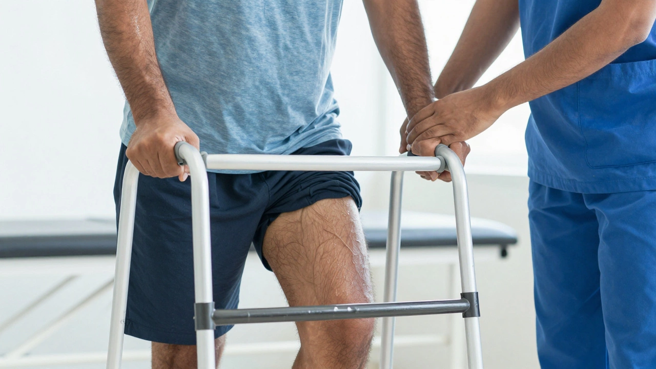 Man practicing walking with walker during physical therapy