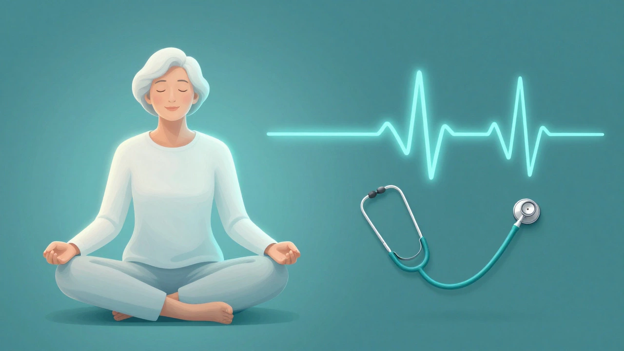 Meditating person with abstract medical monitoring symbols