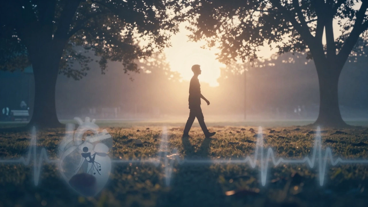 Person walking in park during sunrise recovery