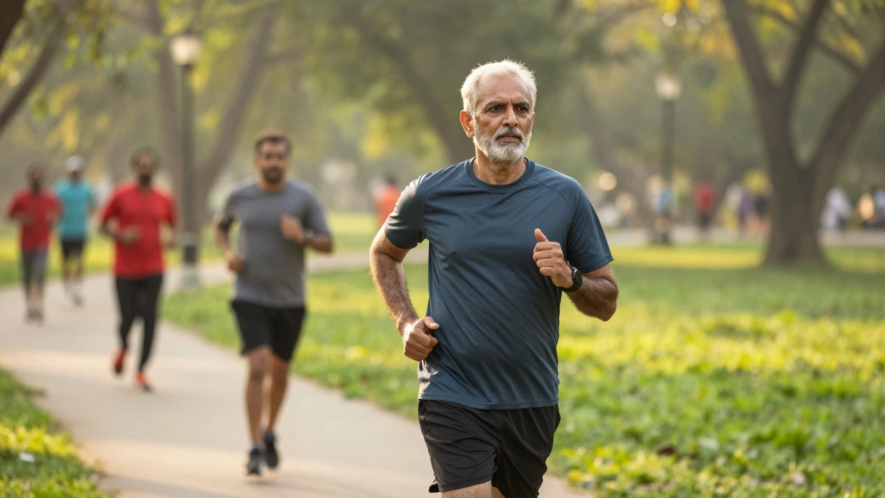 Senior Indian man jogging in a park post-heart surgery