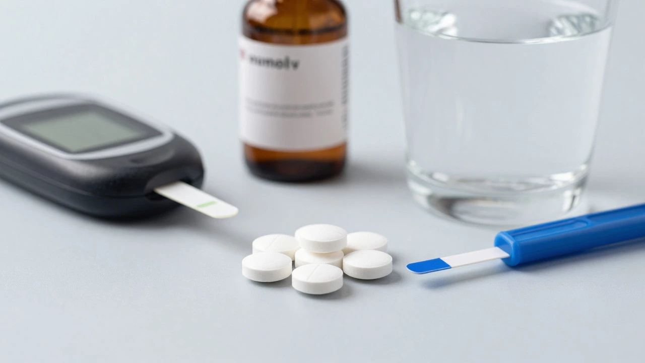 Close-up of diabetes medication, test strips, and other pills highlighting drug interaction risks.