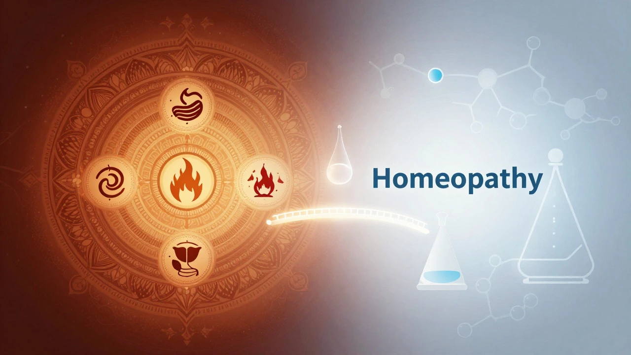 Conceptual art comparing Ayurvedic doshas and homeopathic dilution